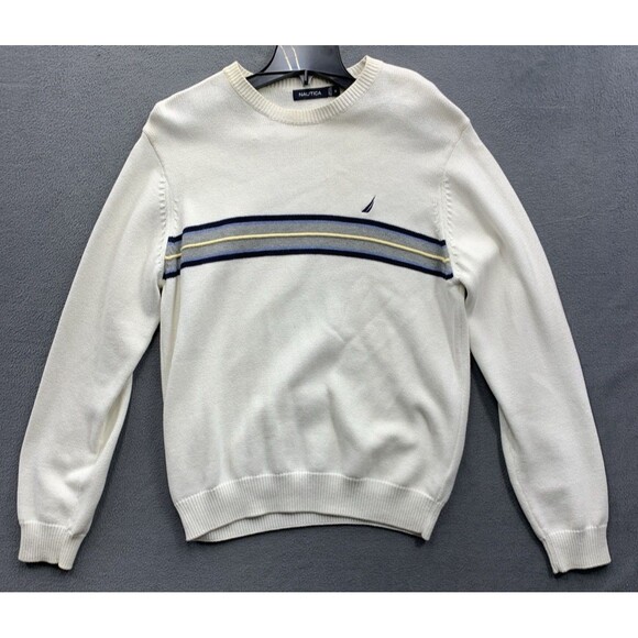 Nautica Pullover Knit Sweaters Mens White Blue Gray Single Chest Stripe Medium - Picture 1 of 16